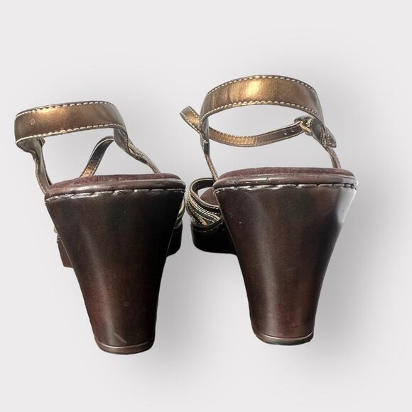 Naturalizer | Strappy Brown‎ Gold Bronze Leather Wedge Sandals Heel size 9.5 - Picture 7 of 9